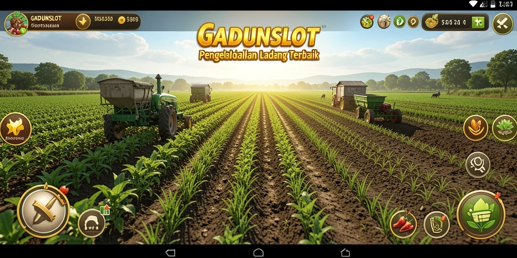 Tampilan utama gameplay GADUNSLOT menampilkan ladang yang subur dan aktivitas bertani.