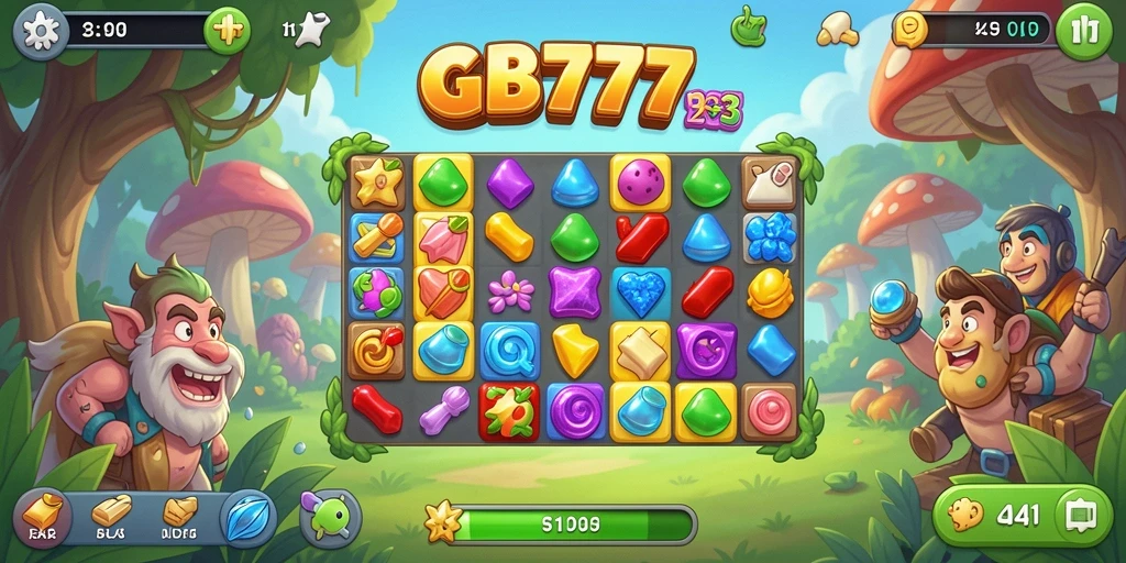 Tangkapan layar gameplay GB777 dengan item yang penuh warna dan tantangan Match-3.