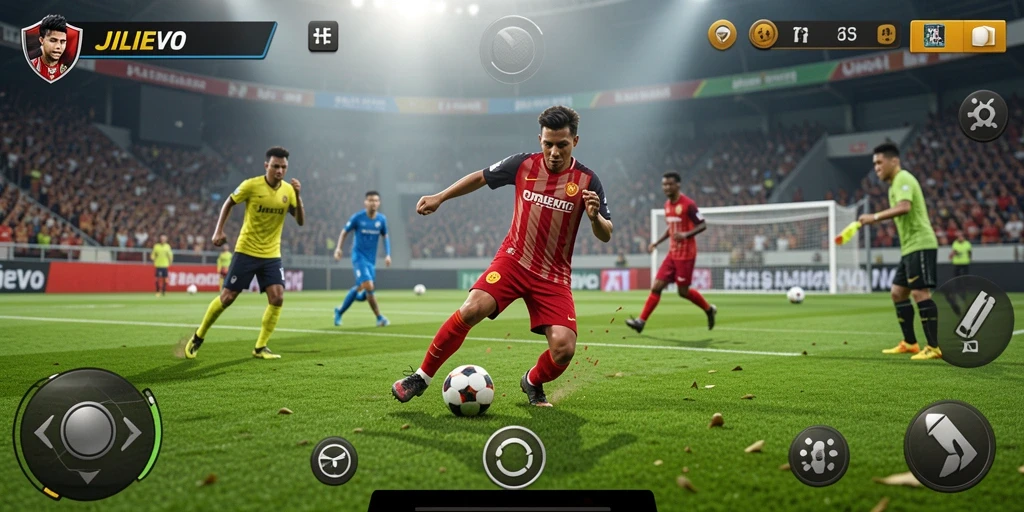 Screenshot gameplay JILIEVO yang menunjukkan aksi sepak bola menegangkan.