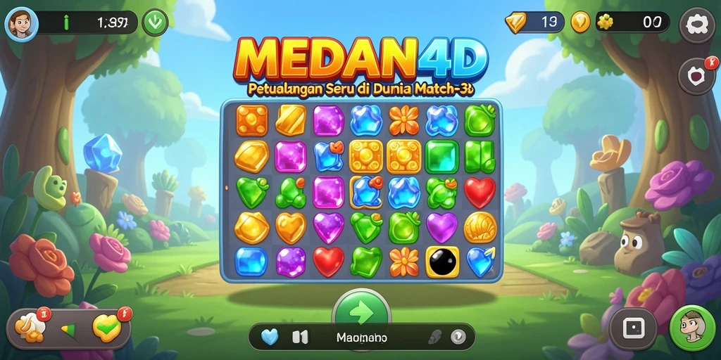 Tangkapan layar MEDAN4D menampilkan kombinasi permata yang cerah dalam gameplay Match-3.